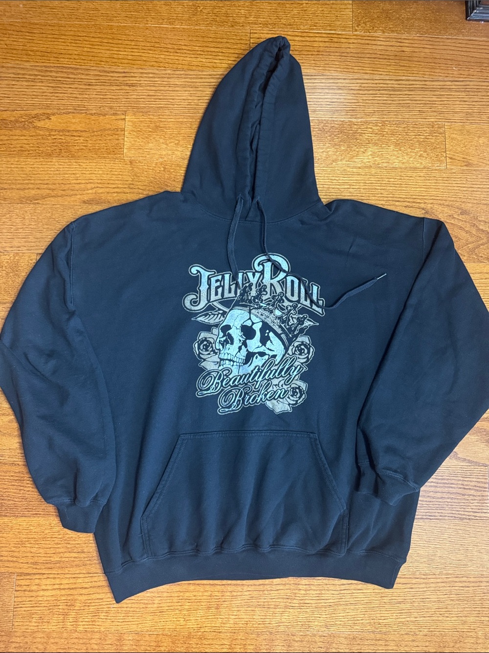 XL Jelly Roll Beautifully Broken Black Hoodie with Skull Graphic
